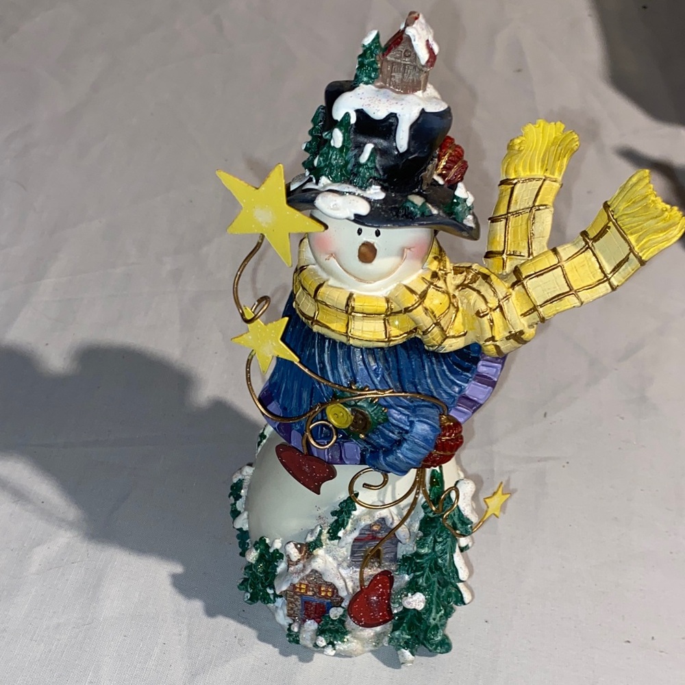 Vintage Festive Snowman Figurine with Yellow Scarf